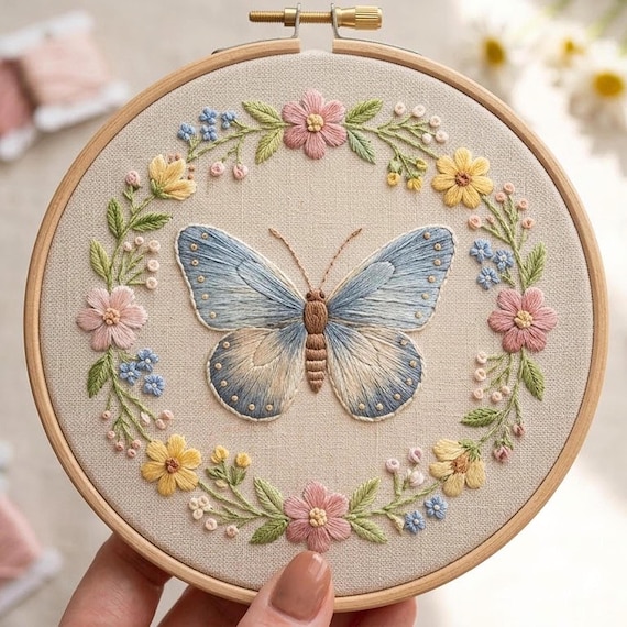 蝶と花のリース刺繍パターン、パステル調コテージコアフープアート 