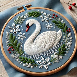 Swan Hand Embroidery Pattern, The swan is gracefully surrounded by snowflake elements and greenery, perfect for a winter-themed diy gift,