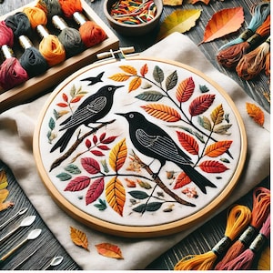 Fall Birds Hand Embroidery Pattern: Autumn Leaves Needlework (Digital Download)