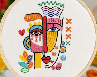 Modern Picasso-Inspired Abstract Face Hand Embroidery Pattern with Bold Colors and Contemporary Artistic Flair, wall art embroidery