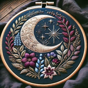 Celestial Moon Embroidery Pattern: Floral DIY Hoop Art (Digital PDF)