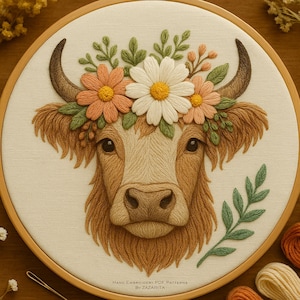 Highland Cow Floral Hand Embroidery Pattern: Rustic Farmhouse Hoop Art (PDF Pattern)