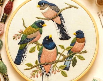 Borduurpatroon vogels: botanische hoepelkunst, modern ontwerp (pdf-patroon)