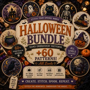 May include: A Halloween embroidery pattern bundle featuring various spooky designs, including a black cat, skeleton, and pumpkin. The image displays multiple embroidery hoops with colorful thread, and text that reads "Halloween Bundle" and "+60 Patterns!"