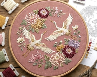 鶴と桜の手刺繍図案、鶴鳥図案、日本刺繍、日本の鳥、手刺繍図案 PDF