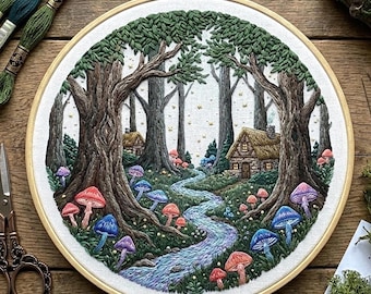May include: Hand-stitched embroidery art in a wooden hoop. The scene depicts a forest with a winding stream, colorful mushrooms, and small cottages. The color palette includes greens, browns, blues, and pinks. The embroidery is detailed and textured.