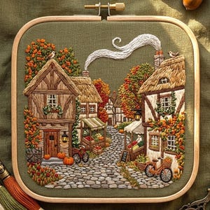 May include: Embroidered artwork depicting a quaint village scene in autumn. The piece features thatched-roof houses, cobblestone streets, and market stalls filled with produce. The color palette includes warm tones of orange, brown, and green, with a wooden embroidery hoop.