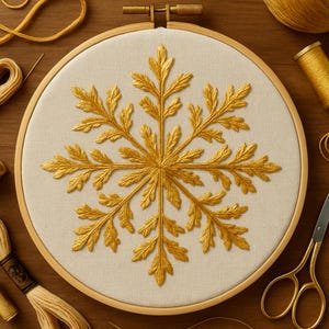 May include: A gold embroidered snowflake design on cream fabric, held in a wooden embroidery hoop. The snowflake features detailed leaf patterns. Gold thread, scissors, and other embroidery supplies are arranged around the hoop on a wooden surface.
