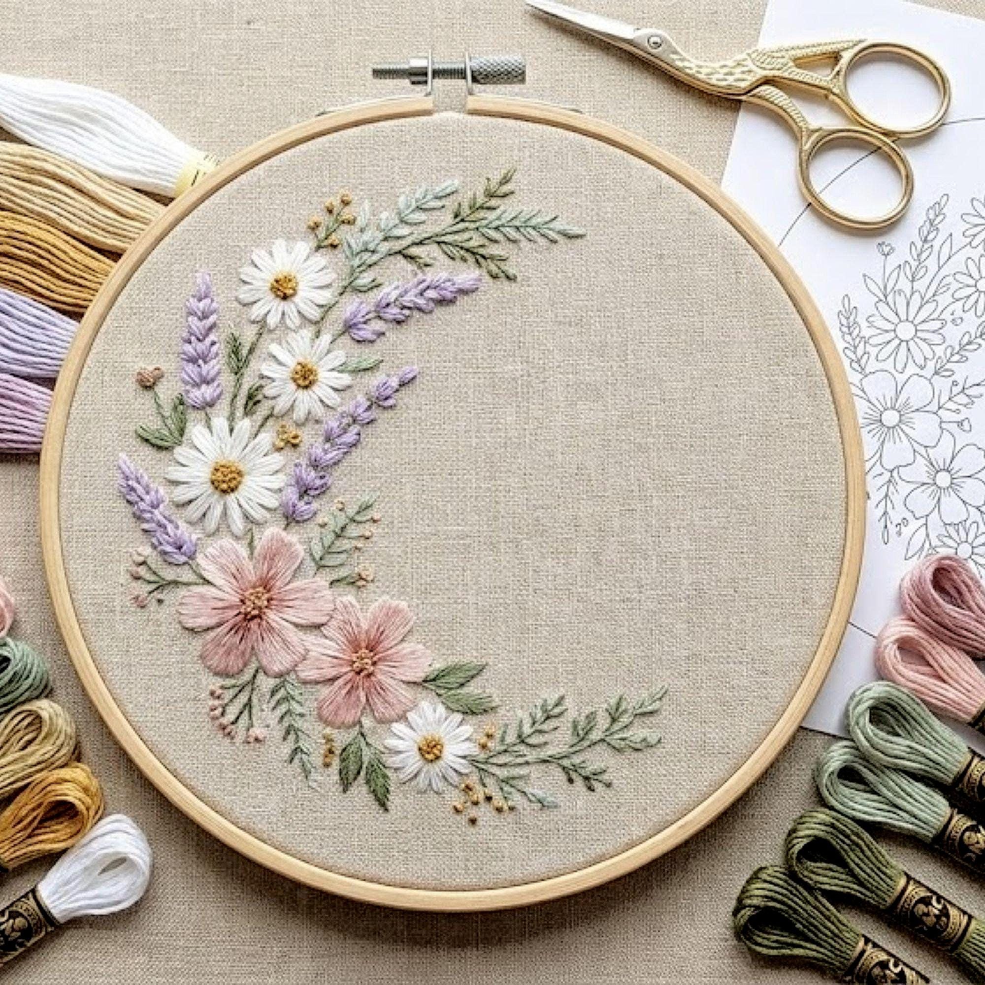 Soft Meadow Floral Embroidery Pattern – Modern Floral Wreath Hoop Art ...