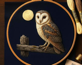 Barn Owl Night Scene Hand Embroidery PDF Pattern – Vintage Hoop Art Instant Download