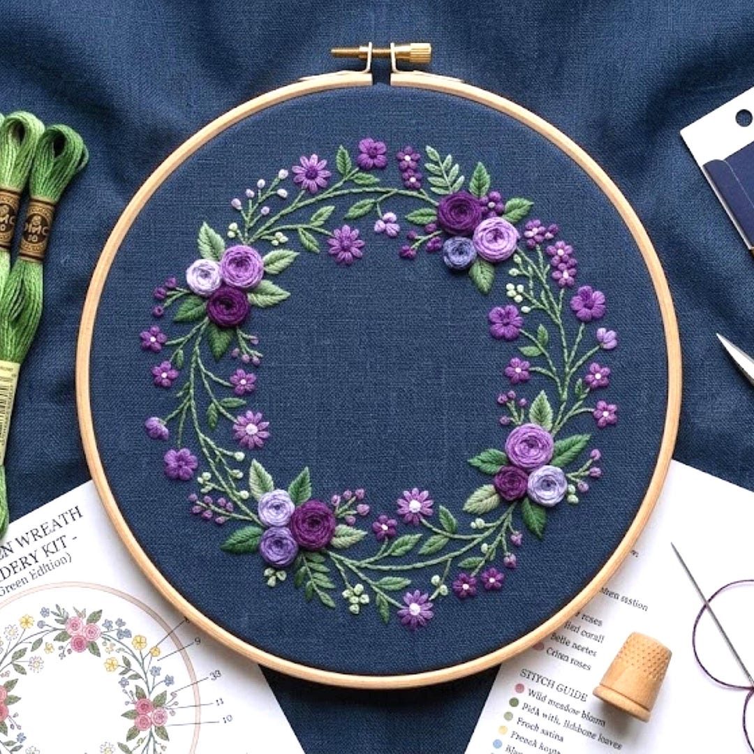 Purple Floral Wreath Embroidery Pattern, Botanical Roses Design (PDF ...