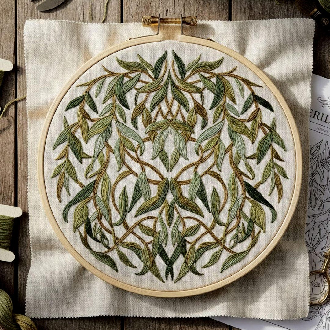 Botanical Leaf Wreath Embroidery Pattern – Elegant Green Hoop Art ...