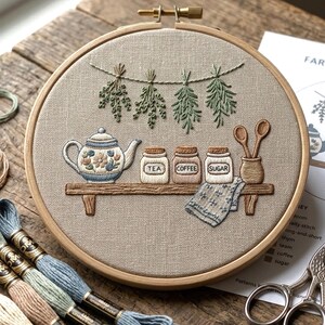 Può includere: Ricamo su cerchio raffigurante una scena di cucina. Una teiera, barattoli con le scritte "TEA", "COFFEE" e "SUGAR", ed erbe aromatiche sono appese sopra una mensola. Il disegno include un piccolo asciugamano e cucchiai di legno. Il cerchio è su uno sfondo di legno.