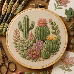 May include: A detailed embroidery hoop featuring a desert cactus and succulent design. The artwork showcases various green cacti with pink and yellow flowers, surrounded by other succulents. The embroidery is set in a wooden hoop, with spools of thread and scissors nearby.