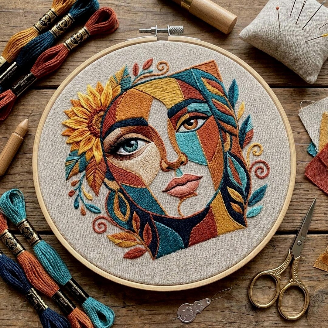 Modern Abstract Face Embroidery Pattern | Floral Hoop Art Design ...