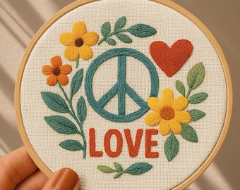 Peace & Love Hand Embroidery Pattern: Floral Heart Hoop (Digital Download