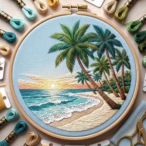 May include: Embroidered tropical beach scene in a wooden hoop. The artwork features palm trees, ocean waves, and a sunset. Embroidery floss in various colors surrounds the hoop, along with a pair of gold scissors.