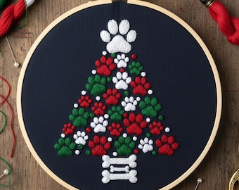 Pfotenabdruck Weihnachtsbaum Stickmuster | Tierliebhaber Hoop Art (PDF Download)