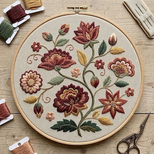 May include: A circular wooden embroidery hoop containing a beige fabric panel with a detailed floral design. The embroidery features large, multi-layered flowers in shades of deep red, burgundy, and gold, accented by green leaves and small buds.