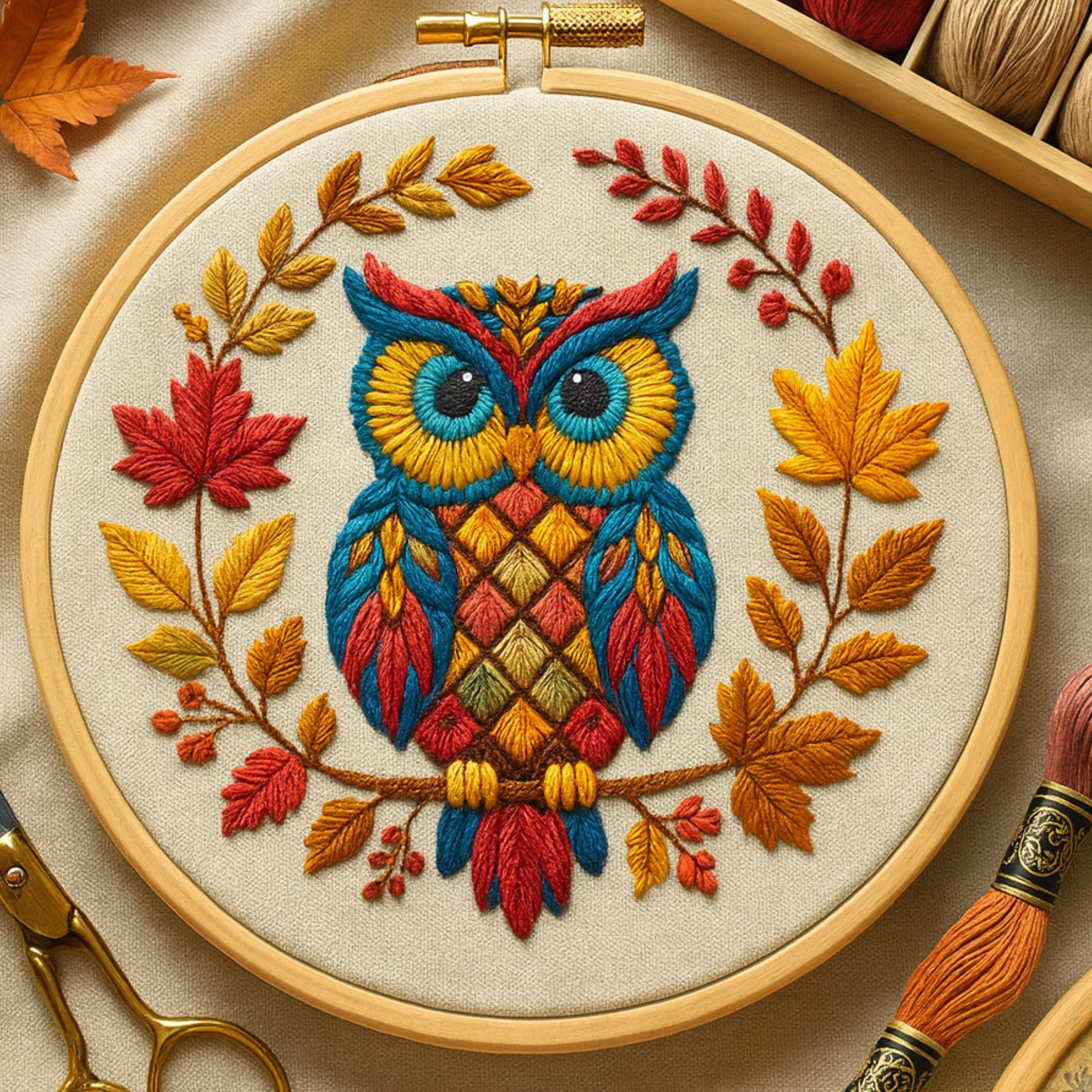 Autumn Owl Embroidery Pattern: Floral Leaves Hoop Art (PDF Download)