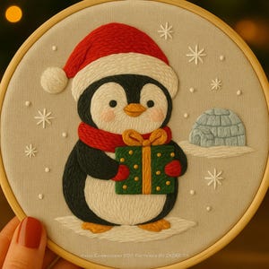 Christmas Penguin Embroidery Pattern: Holiday Hoop Art (PDF Download