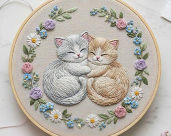 Puede incluir: Obra de arte bordada con dos gatitos abrazados, uno gris y otro marrón claro, rodeados por una corona floral de flores azules, rosas y moradas. El bordado está en un aro de madera, creando una pieza artesanal encantadora.