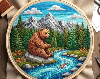 Bear Fishing Embroidery Pattern: Woodland River Scene Hoop Art (PDF Download)