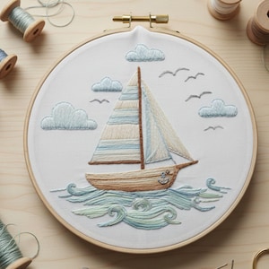 沿岸帆船の刺繍パターン | 航海風の手刺繍デザイン | 初心者向けPDFフープアート