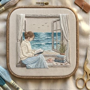 May include: Embroidered artwork showing a person reading by an open window with a sea view. The scene includes a person in a sweater and skirt, a cup of coffee, books, and a plant. The artwork is framed in a wooden hoop.