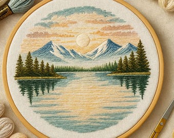 山の刺繍画 山の日の出刺繍パターン：モダンな風景画フープアート（PDFデジタル