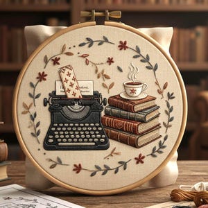 Può includere: Ricamo su telaio raffigurante una macchina da scrivere vintage, una pila di libri e una tazza di caffè. Il design include elementi floreali e foglie nei toni del rosso, marrone e verde, creando un'atmosfera letteraria. Il telaio è appoggiato su un cuscino beige.