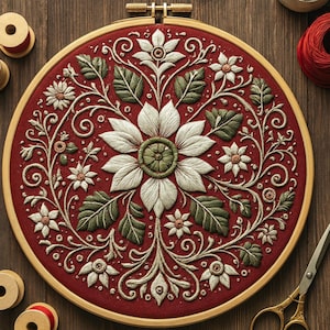 May include: An embroidered floral design in a wooden hoop. The design features a large central flower, smaller flowers, and leaves in white, green, and cream on a deep red fabric. Scissors and spools of thread are visible, suggesting a craft project. The hoop is approximately 20 cm in diameter.
