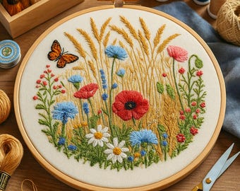 Wildblumen Wiese Handstickerei-Muster: Moderne florale Stickrahmen-Kunst (PDF-Muster)