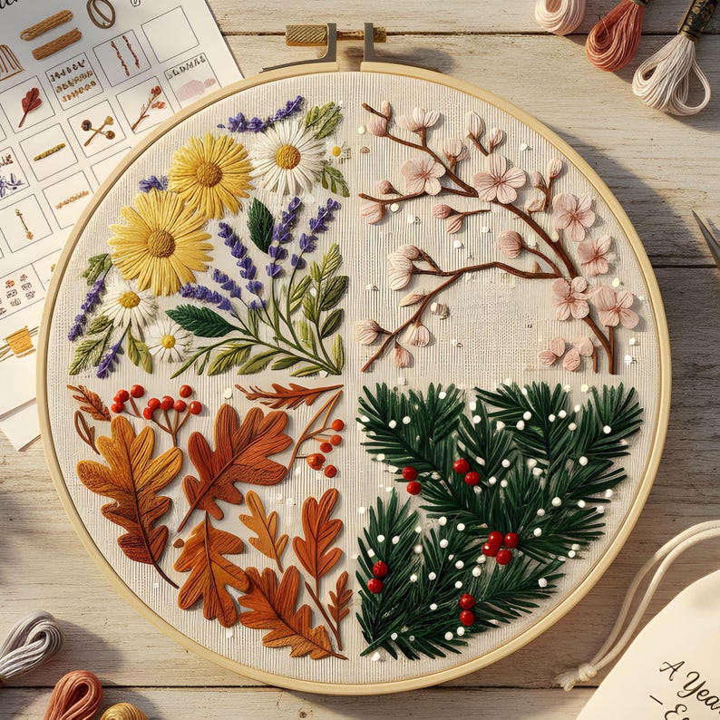 Botanical Embroidery Pattern • Four Seasons Floral Hoop Art (PDF ...
