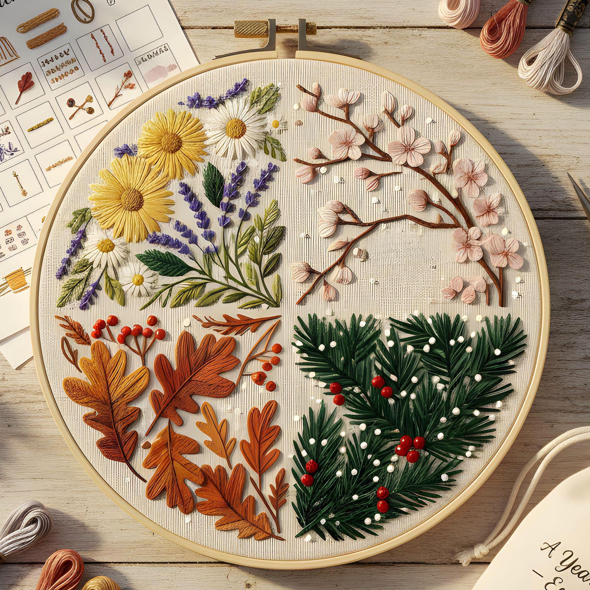 Botanical Embroidery Pattern • Four Seasons Floral Hoop Art (PDF ...