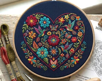 Mexican Folk Art Heart Embroidery Pattern, Floral Hummingbird Hoop Art (Instant Download)