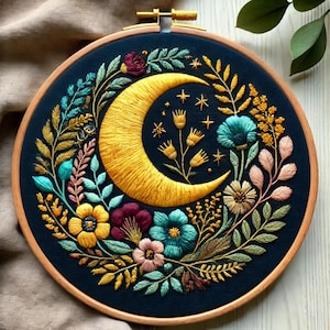 Celestial Moon Floral Embroidery Pattern: DIY Hoop Art (Digital PDF)