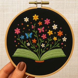 Floral Book hand Embroidery Pattern PDF | Hand Embroidery Design for book lovers | DIY floral embroidery Template for beginners