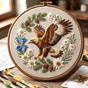 以下が含まれることがあります： 広げた翼を持つ金色のワシが、白いデイジー、青い花、松葉、松ぼっくりのリースに囲まれた、詳細な刺繍枠。 刺繍は木製の枠にあり、刺繍糸と説明書が近くにあります。