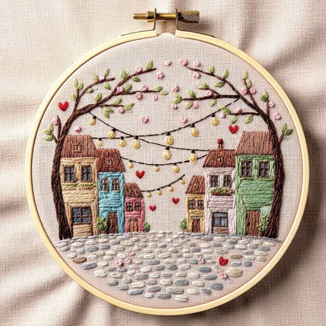 Cozy Village Street Hand Embroidery Pattern, Floral Town Hoop Art PDF ...