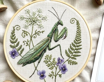 Praying Mantis Embroidery Pattern • Modern Floral Hoop Art (PDF Pattern)