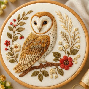 May include: Hand-embroidered owl in a wooden hoop. The owl has brown and white feathers, perched on a branch with leaves and red flowers. The background is a cream-colored fabric, and the embroidery is detailed and textured.