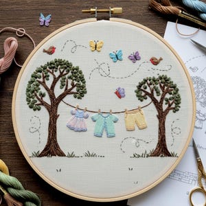 Puede incluir: Arte bordado en un bastidor de madera. Dos árboles con hojas verdes y troncos marrones enmarcan un tendedero con ropa de bebé. Mariposas y pájaros bordados encima. El fondo es de tela beige claro.