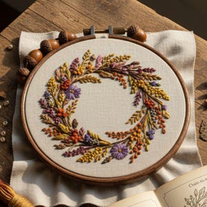 Puede incluir: Un bastidor de bordado artesanal con un diseño de corona floral colorida. La corona incluye flores y follaje bordados en amarillo, naranja, morado y marrón. El bastidor de madera está adornado con varias bellotas.