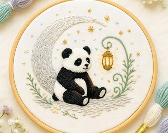 手刺繍の訪問着(パンダ柄) パンダの刺繍パターン：花柄動物クロスステッチ、手芸好きへのギフト