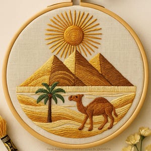 May include: Embroidered hoop art featuring a desert scene with pyramids, a sun, a palm tree, and a camel. The artwork uses shades of yellow, brown, and green thread on a beige fabric, framed by a wooden hoop. The text "HAND EMBROIDERY PDF PATTERNS BY ZAZARITA" is at the bottom.