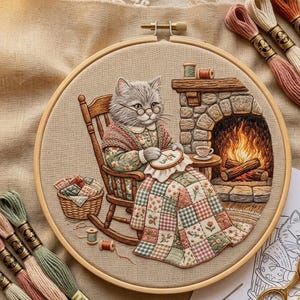 May include: Embroidery hoop featuring a cat character in a rocking chair, wearing glasses and a shawl, engaged in needlework. A cozy scene with a fireplace, quilt, and basket of fabric scraps. Various colored embroidery floss spools are visible.