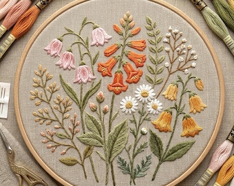 Borduurpatroon Wildflower Garden, rustieke bloemenhoepelkunst (pdf-download)