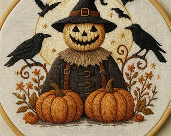 Halloween Scarecrow Embroidery Pattern PDF | Modern Hand Embroidery Design | Digital Download with DMC Colors