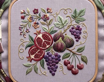 Vintage Fruit Embroidery Pattern PDF, Pomegranate Fig Botanical Hoop Art, Cottagecore Hand Embroidery Design